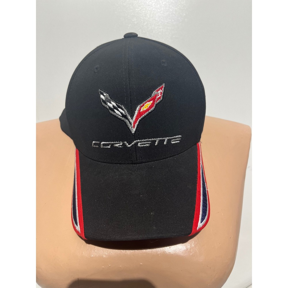 Official GM Corvette C7 Stingray Black Flex Fit Hat Racing Stripe Baseball Cap